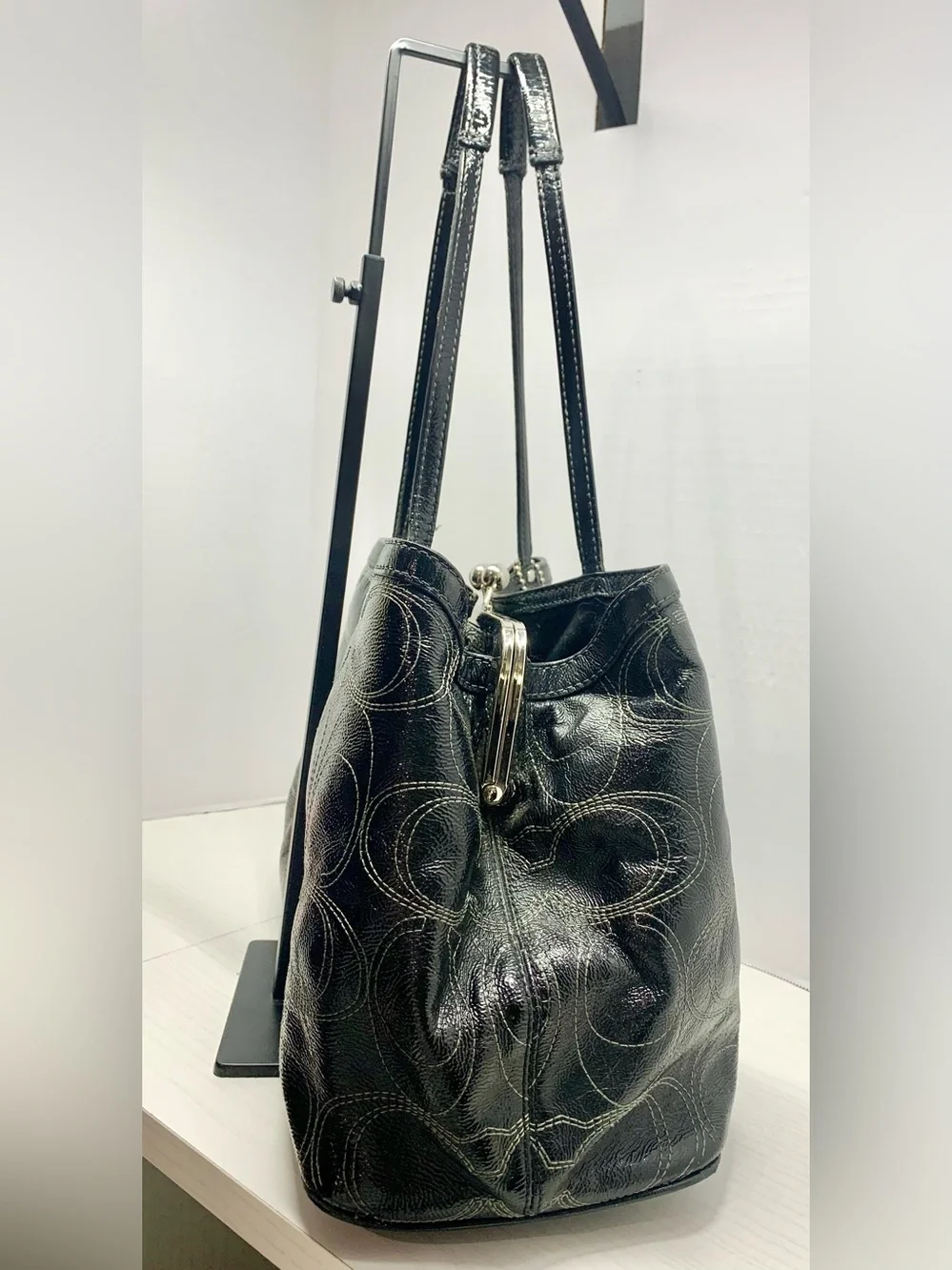 Coach Black Patent Signature Kisslock Tote Shoulder Bag - 2012